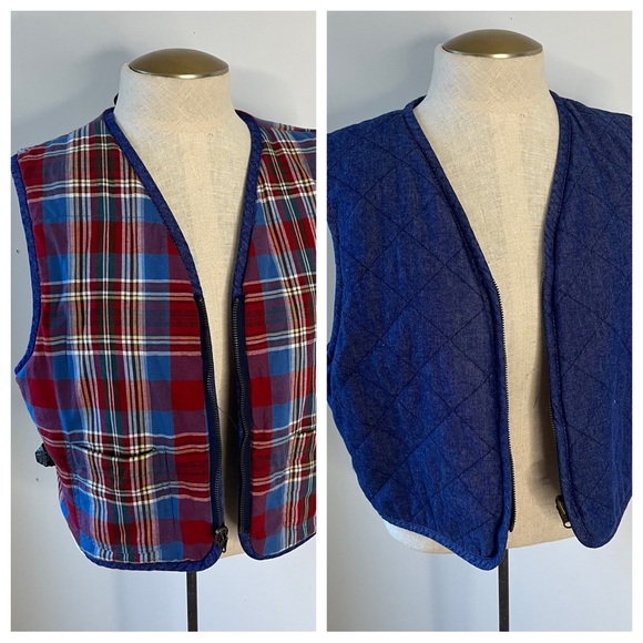 Vintage Lizwear Reversible Denim & Plaid Quilted Vest - Picture 1 of 16